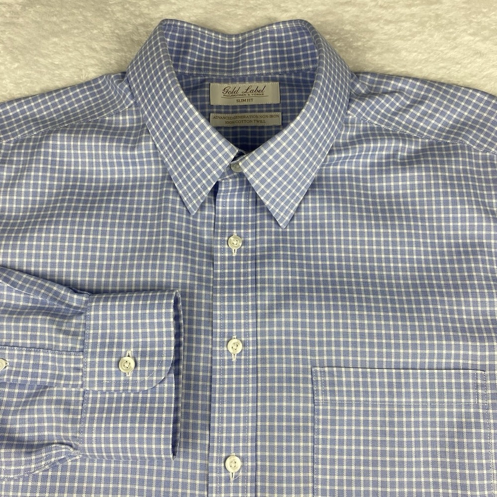 Roundtree & Yorke Gold Label Dress Shirt Mens 17.5-35 Blue Checks Slim Fit